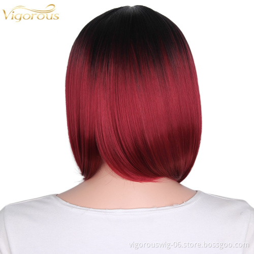 Vendor high quality premium wholesale Ombre red short straight wavy hair synthetic heat resistant wig lace front black women
